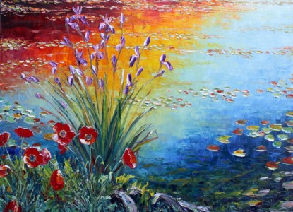 an almost Monet pond scene with poppies and irises in the foreground