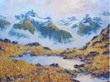 Routeburn Tussock Oil on Canvas Mountain Lake showing oil palette knife relief