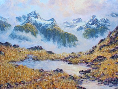 Routeburn Tussock Oil on Canvas Mountain Lake showing oil palette knife relief